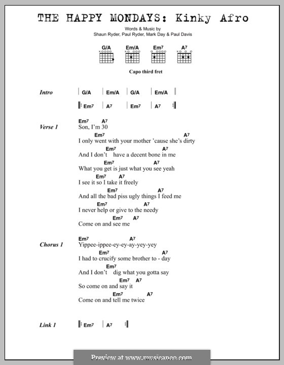 Kinky Afro (Happy Mondays): Text und Akkorde by Mark Day, Paul Davis, Paul Ryder, Shaun Ryder