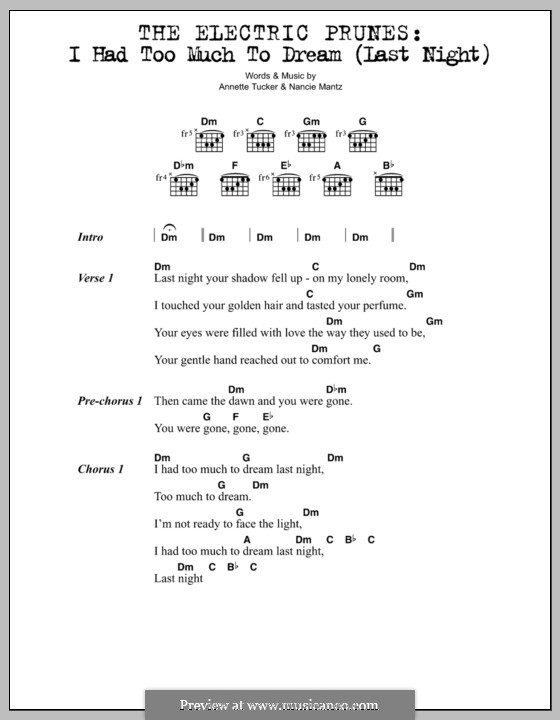 I Had Too Much to Dream (Last Night): Lyrics and chords (The Electric Prunes) by Annette Tucker, Nancie Mantz