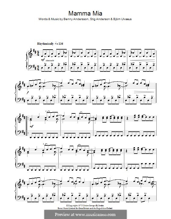 Mamma Mia (ABBA): Für Klavier by Benny Andersson, Björn Ulvaeus, Stig Anderson