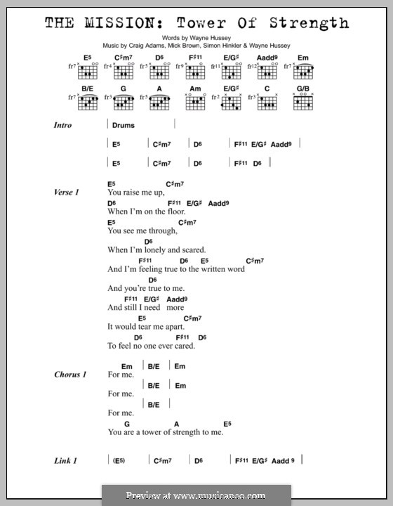 Tower of Strength (The Mission): Texte und Akkorde by Craig Adams, Mick Brown, Simon Hinkler, Wayne Hussey