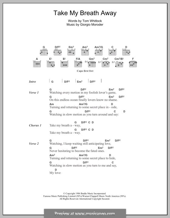 Take My Breath Away (Berlin): Texte und Akkorde by Giorgio Moroder