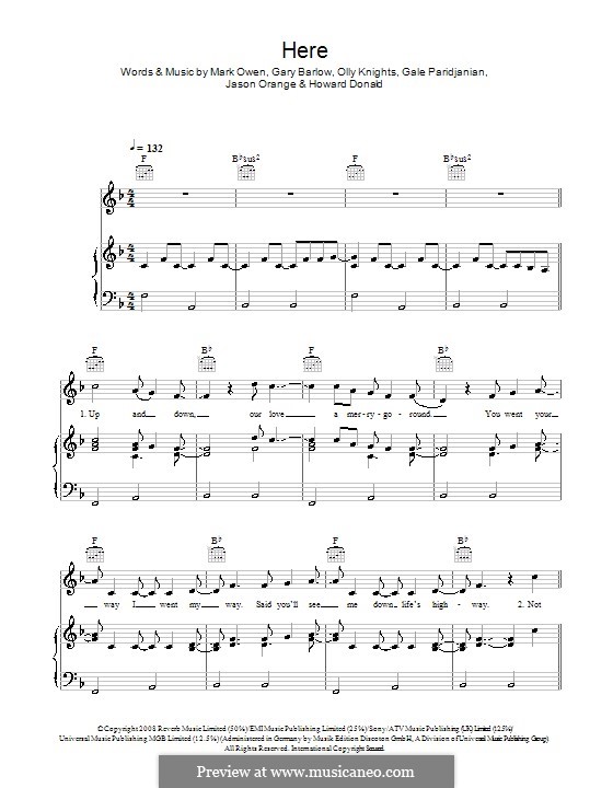 Here (Take That): Für Stimme und Klavier (oder Gitarre) by Gale Paridjanian, Gary Barlow, Howard Donald, Jason Orange, Mark Owen, Olly Knights