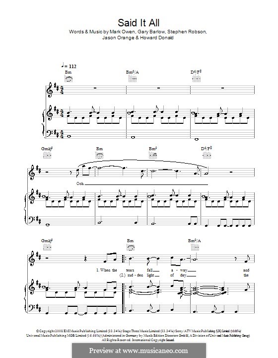 Said It All (Take That): Für Stimme und Klavier (oder Gitarre) by Gary Barlow, Howard Donald, Jason Orange, Mark Owen, Steve Robson