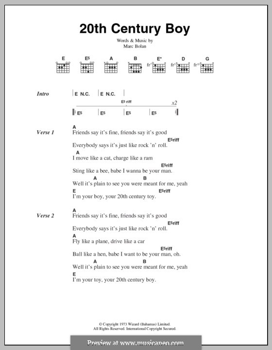 20th Century Boy (T Rex): Text und Akkorde by Marc Bolan