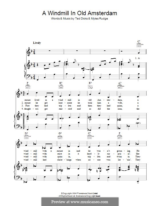 A Windmill in Old Amsterdam (Ronnie Hilton): Für Stimme und Klavier (oder Gitarre) by Myles Rudge, Ted Dicks