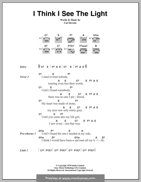 I Think I See the Light: Text und Akkorde by Cat Stevens