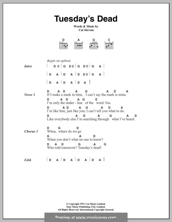 Tuesday's Dead: Text und Akkorde by Cat Stevens