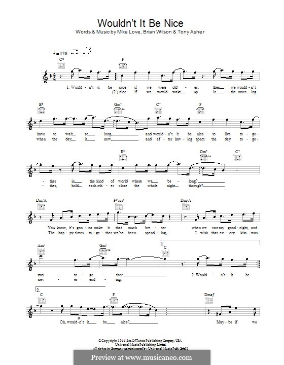 Wouldn't It Be Nice (The Beach Boys): Melodie, Text und Akkorde by Brian Wilson, Mike Love, Tony Asher