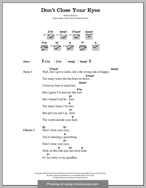 Don't Close Your Eyes (James Morrison): Text und Akkorde by David Frank, Wayne Anthony Hector
