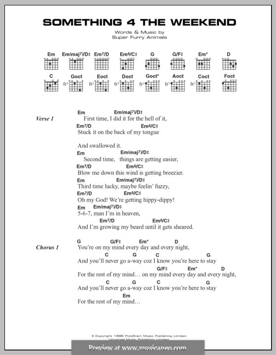 Something 4 the Weekend (Super Furry Animals): Text und Akkorde by Cian Ciaran, Dafydd Ieuan, Gruff Rhys, Guto Pryce, Huw Bunford
