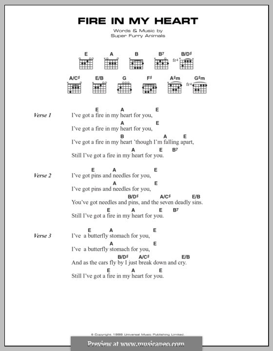 Fire in My Heart (Super Furry Animals): Text und Akkorde by Cian Ciaran, Dafydd Ieuan, Gruff Rhys, Guto Pryce, Huw Bunford
