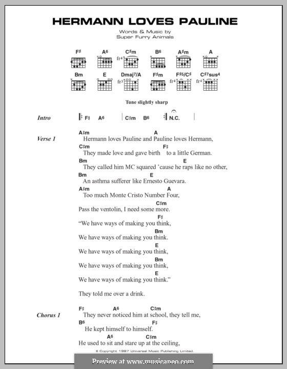 Hermann Loves Pauline (Super Furry Animals): Text und Akkorde by Cian Ciaran, Dafydd Ieuan, Gruff Rhys, Guto Pryce, Huw Bunford