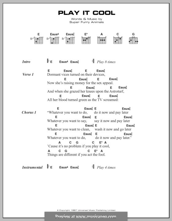 Play It Cool (Super Furry Animals): Text und Akkorde by Cian Ciaran, Dafydd Ieuan, Gruff Rhys, Guto Pryce, Huw Bunford