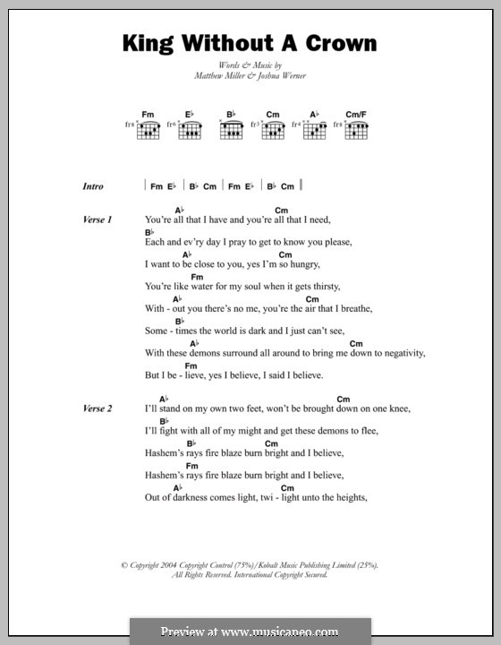 King without a Crown (Matisyahu): Texte und Akkorde by Joshua Werner, Matthew Miller