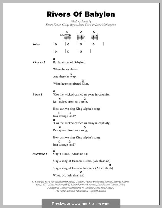 Rivers of Babylon: Lyrics and chords (The Melodians) by Brent Dowe, Frank Farian, George Reyam, James A. McNaughton