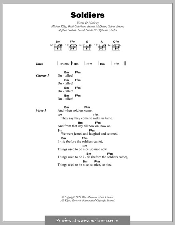 Soldiers (Steel Pulse): Text und Akkorde by Alphonso Martin, Basil Gabbidon, David Hinds, Michael Riley, Ronnie McQueen, Selwyn Brown, Stephen Nisbett