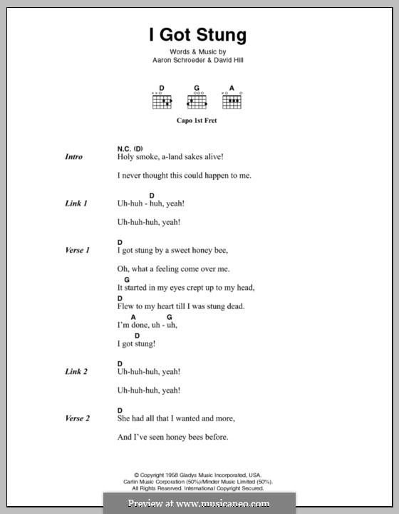 I Got Stung (Elvis Presley): Text und Akkorde by Aaron Schroeder, David Hill