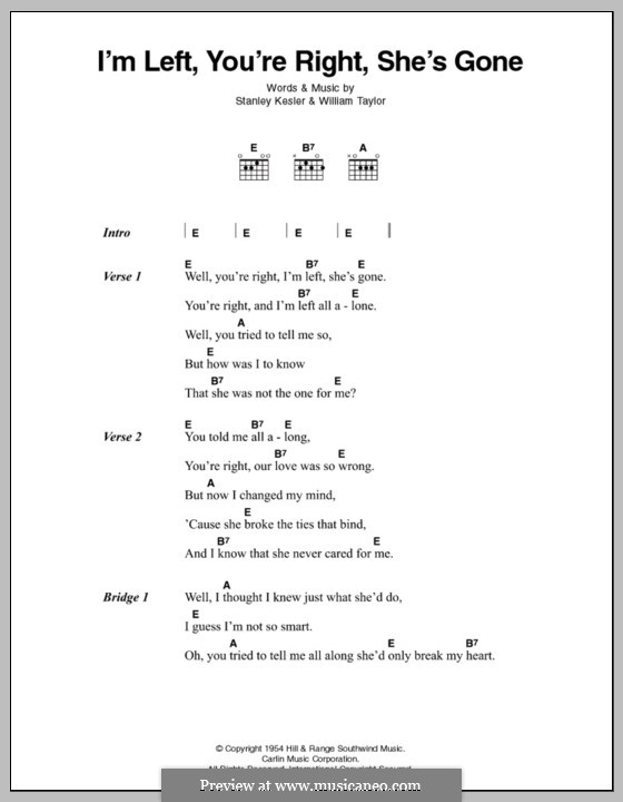 I'm Left, You're Right, She's Gone (Elvis Presley): Text und Akkorde by Stanley A. Kesler, William Taylor