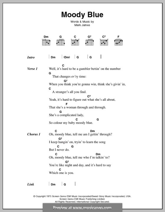 Moody Blue (Elvis Presley): Text und Akkorde by Mark James