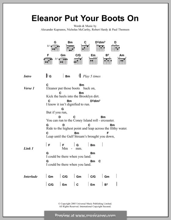 Eleanor Put Your Boots On (Franz Ferdinand): Text und Akkorde by Alexander Kapranos, Nicholas McCarthy, Paul Thomson, Robert Hardy