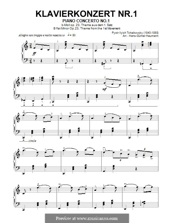 Konzert für Klavier und Orchester Nr.1 in b-Moll, TH 55 Op.23: Teil I (Thema). Version für Klavier (C-Dur) by Pjotr Tschaikowski