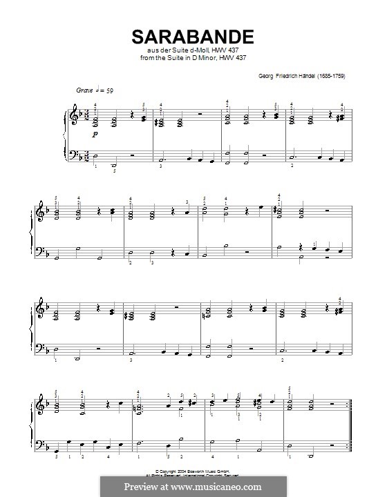 Suite Nr.4 in d-Moll, HWV 437: Sarabande, für Klavier (Noten von hoher Qualität) by Georg Friedrich Händel