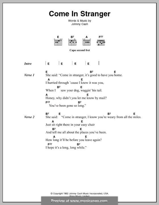 Come In, Stranger: Text und Akkorde by Johnny Cash