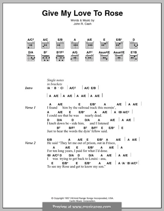 Give My Love to Rose: Text und Akkorde by Johnny Cash