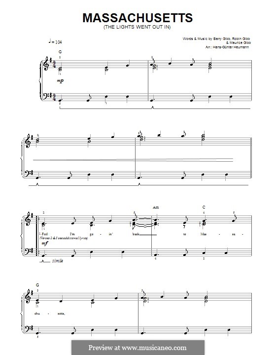 Massachusetts (The Lights Went Out): Für Stimme und Klavier (The Bee Gees) by Barry Gibb, Maurice Gibb, Robin Gibb