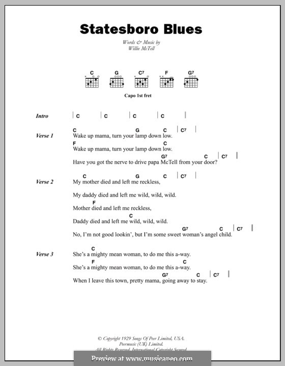 Statesboro Blues (The Allman Brothers Band): Texte und Akkorde by Blind Willie McTell