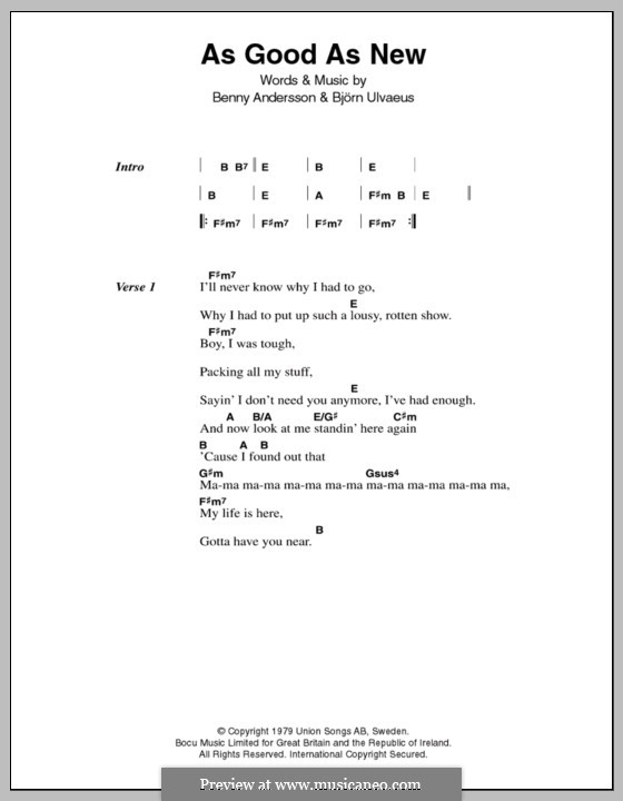 As Good As New (ABBA): Text und Akkorde by Benny Andersson, Björn Ulvaeus