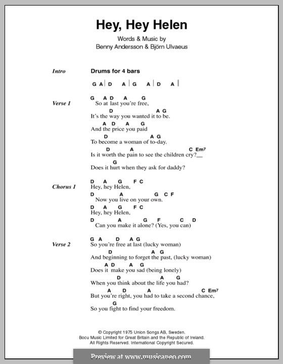 Hey, Hey Helen (ABBA): Text und Akkorde by Benny Andersson, Björn Ulvaeus