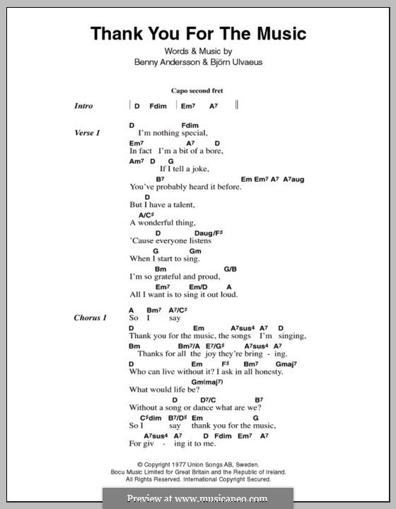 Thank You for the Music (ABBA): Text und Akkorde by Benny Andersson, Björn Ulvaeus