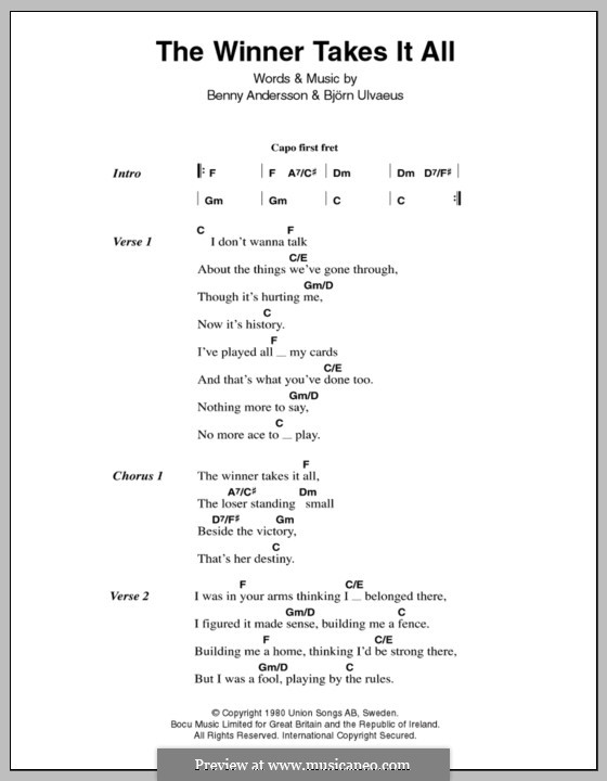 The Winner Takes it All (ABBA): Text und Akkorde by Benny Andersson, Björn Ulvaeus