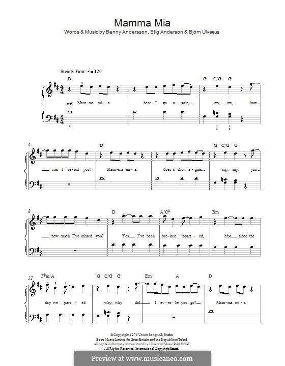 Mamma Mia (ABBA): Einfache Noten für Klavier (D-Dur) by Benny Andersson, Björn Ulvaeus, Stig Anderson