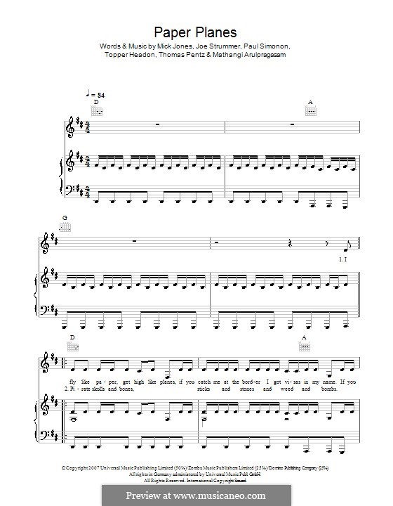 Paper Planes (M.I.A.): Für Stimme und Klavier (oder Gitarre) by Joe Strummer, Mathangi Arulpragasam, Mick Jones, Paul Simonon, Diplo, Topper Headon