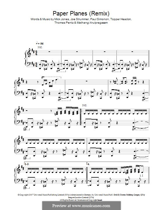 Paper Planes (M.I.A.): Für Stimme und Klavier (oder Gitarre) by Joe Strummer, Mathangi Arulpragasam, Mick Jones, Paul Simonon, Diplo, Topper Headon