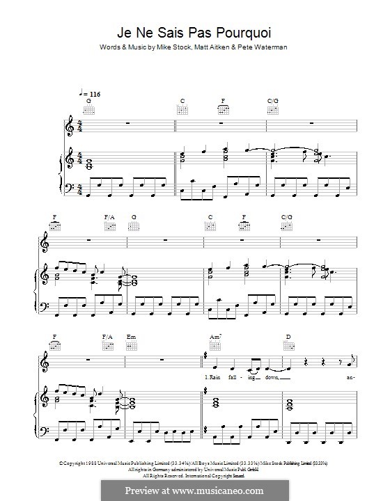Je Ne Sais Pas Pourquoi (Kylie Minogue): Für Stimme und Klavier (oder Gitarre) by Matt Aitken, Mike Stock, Pete Waterman