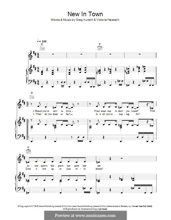 New in Town (Little Boots): Für Stimme und Klavier (oder Gitarre) by Greg Kurstin, Victoria Hesketh
