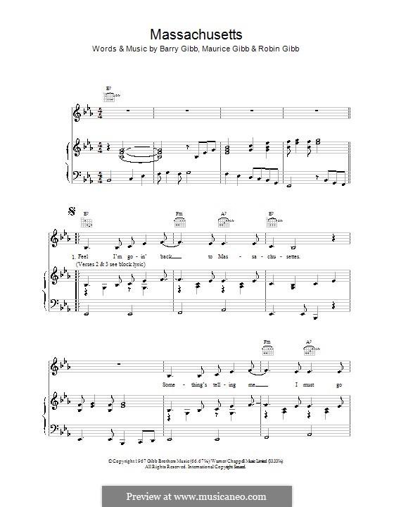 Massachusetts (The Lights Went Out): Für Stimme mit Klavier oder Gitarre (The Bee Gees) by Barry Gibb, Maurice Gibb, Robin Gibb