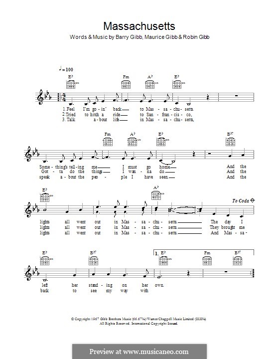 Massachusetts (The Lights Went Out): Melodie, Text und Akkorde (The Bee Gees) by Barry Gibb, Maurice Gibb, Robin Gibb