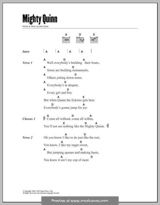 Quinn the Eskimo (The Mighty Quinn): Text und Akkorde by Bob Dylan