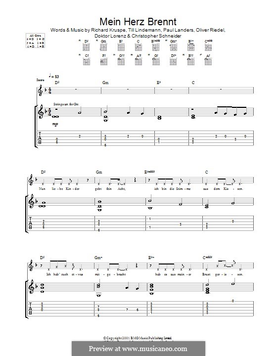 Mein Herz Brennt (Rammstein): Für Gitarre mit Tab by Christopher Schneider, Doktor Lorenz, Oliver Riedel, Paul Landers, Richard Kruspe, Till Lindemann