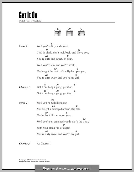 Bang A Gong (Get It On): Text und Akkorde by Marc Bolan
