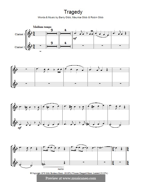 Tragedy (The Bee Gees): Für zwei Klarinetten by Barry Gibb, Maurice Gibb, Robin Gibb