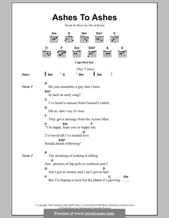 Ashes to Ashes: Text und Akkorde by David Bowie