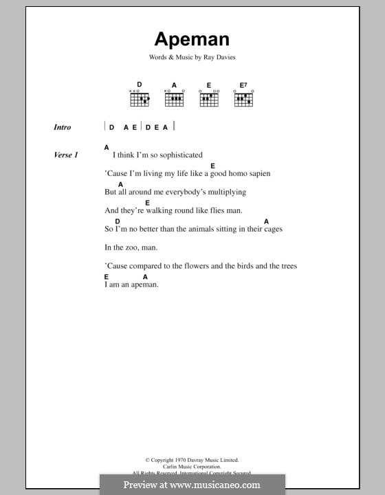 Apeman (The Kinks): Text und Akkorde by Ray Davies