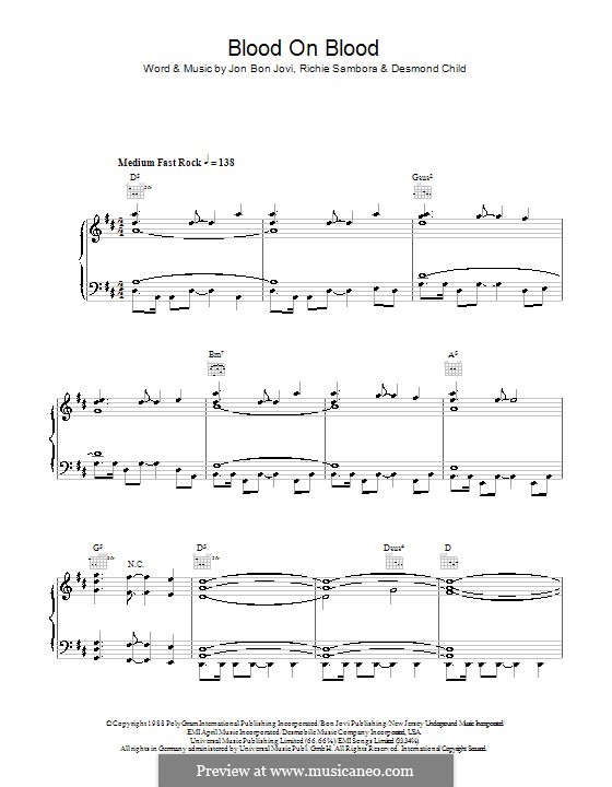 Blood on Blood (Bon Jovi): Für Stimme und Klavier (oder Gitarre) by Desmond Child, Jon Bon Jovi, Richie Sambora