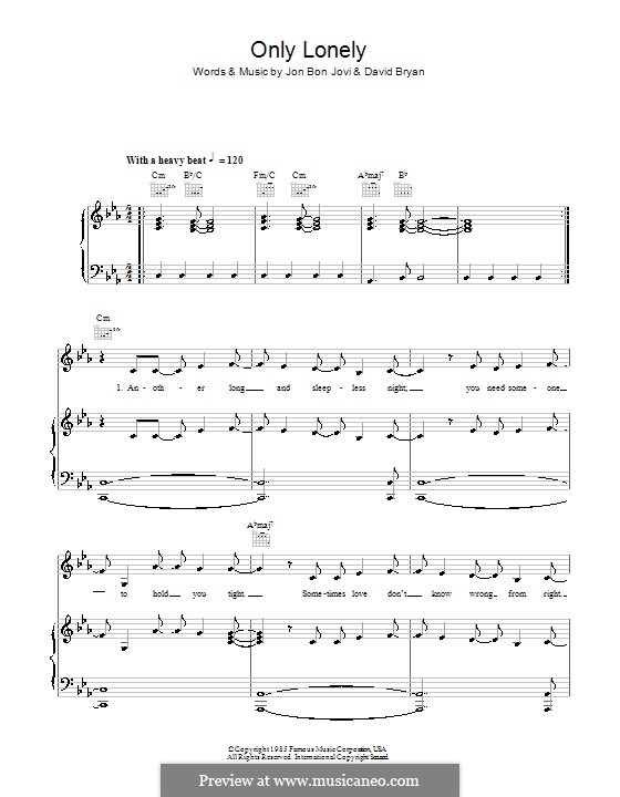 Only Lonely (Bon Jovi): Für Stimme und Klavier (oder Gitarre) by David Bryan, Jon Bon Jovi