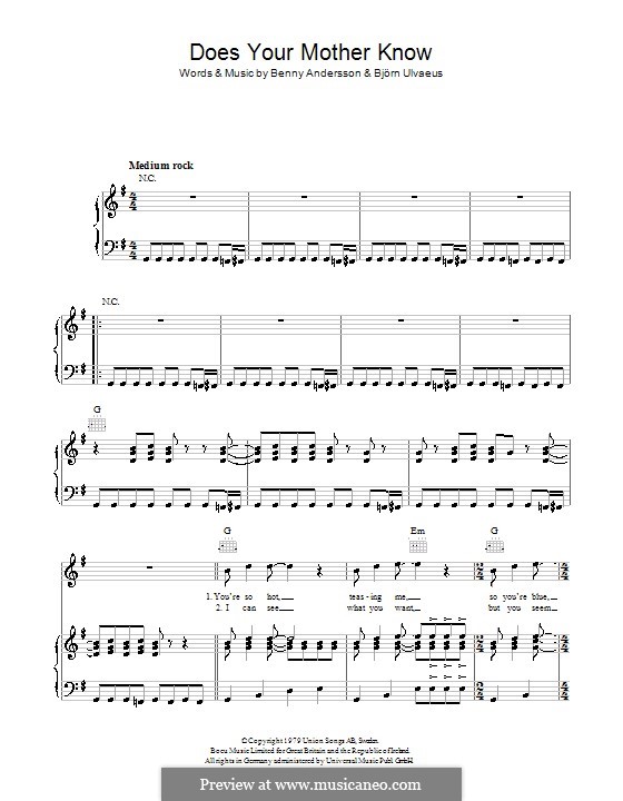 Does Your Mother Know (ABBA): Für Stimme und Klavier (oder Gitarre) by Benny Andersson, Björn Ulvaeus